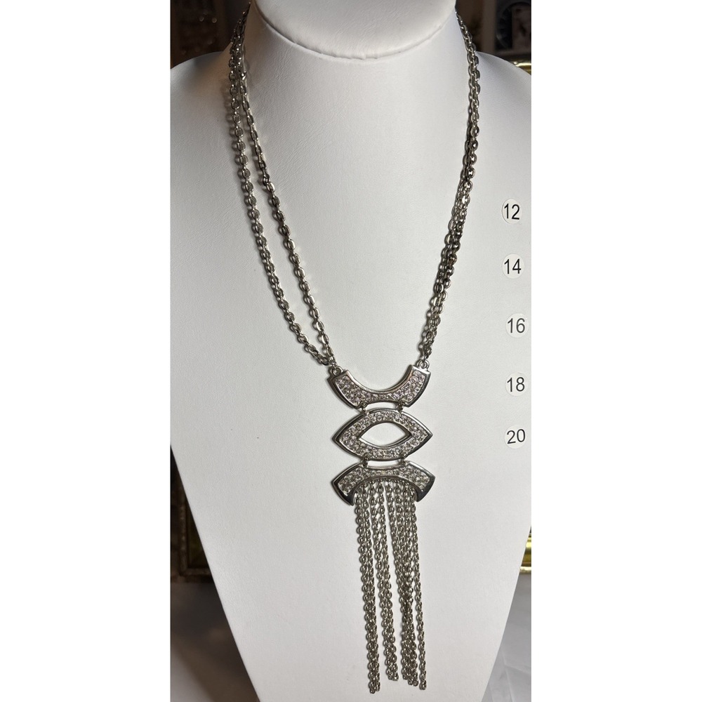 Silver Tone Geometric Pendant Necklace Multi Chain Tassel Statement